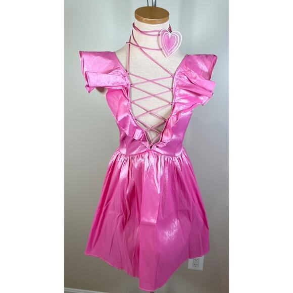 For Love & Lemons Lala Lace Up Heart Choker Ruffle Pink Mini Dress Size S - Picture 6 of 12